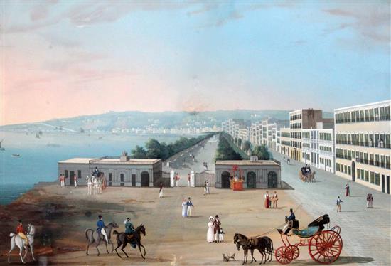 Neapolitan School Via Reale, Naples, with figures and horse-drawn carriages 13.75 x 20.75in.